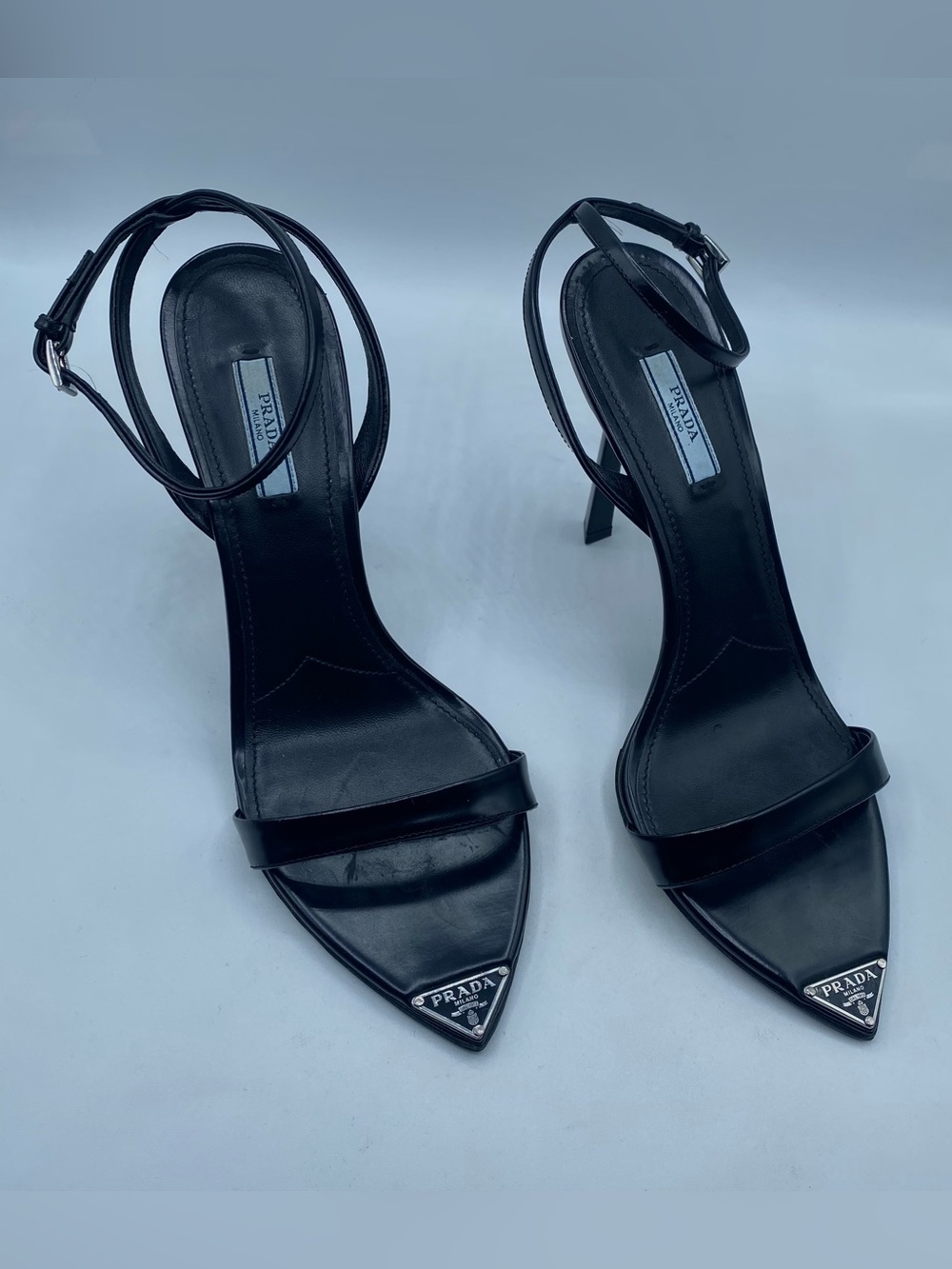Prada Black Leather Pointed Toe Ankle-Strap Stiletto Heels